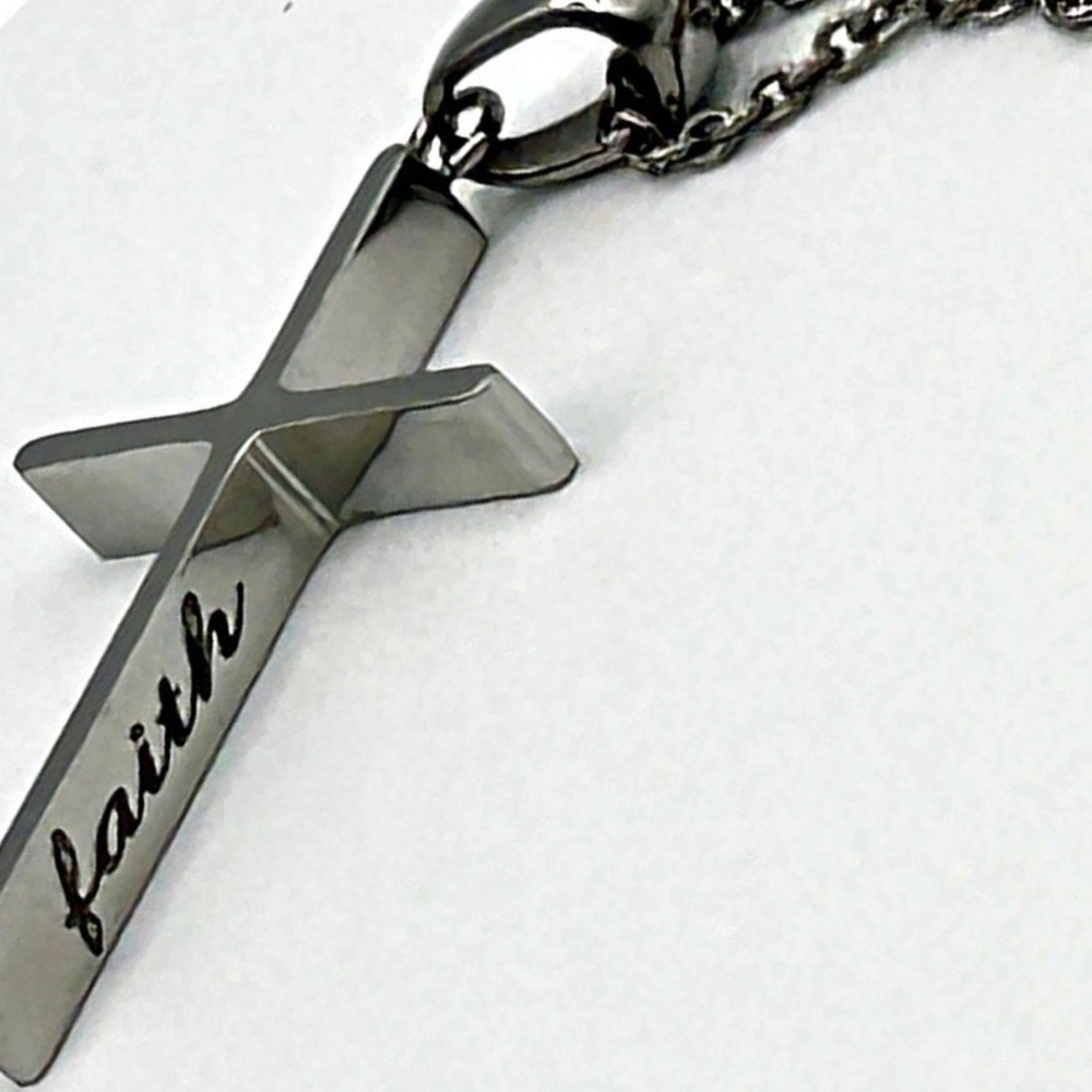 Faith Engraved Cross Pendant Necklace Silver Tone Metal